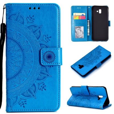 Telefontok álló, bőr hatású (flip, oldalra nyíló, asztali tartó funkció, csuklópánt, mandala minta) Kék [Samsung Galaxy J6+ Plus (J610F)]