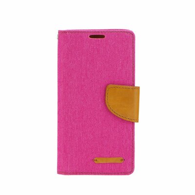 Oldalra nyíló flipes telefontok, kellemes farmer hatású anyagból - Samsung A7 2018, rózsaszín