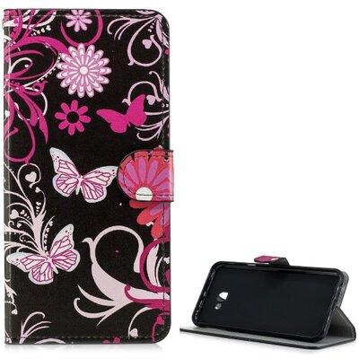 Telefontok álló, bőr hatású (flip, oldalra nyíló, asztali tartó funkció, pillangó, virágminta) Fekete [Samsung Galaxy J4+ Plus (J415F)]