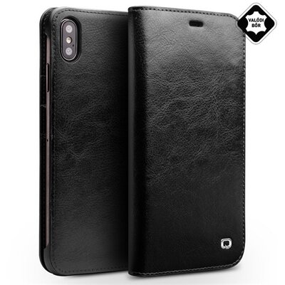 QIALINO Telefontok álló, valódi bőr (flip, oldalra nyíló, bankkártya tartó) Fekete [Apple iPhone XS Max 6.5]