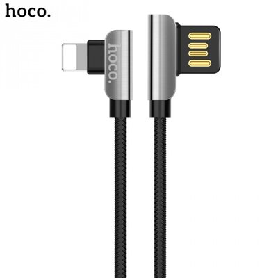 Hoco U42 adatátvitel kábel (lightning 8 pin, 120cm, 90 fokos, gyorstöltés támogatás, cipőfűző minta), fekete
