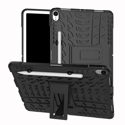 Defender műanyag Tablet védőtok hátlap (közepesen ütésálló, gumi / szilikon belső, kitámasztó, autógumi minta, tolltartó), Fekete [Apple IPAD Pro 11 (2018)]