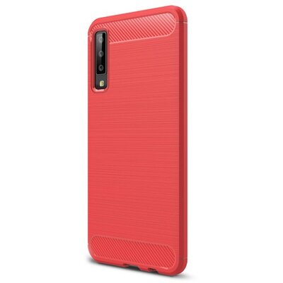 Hátlapvédő telefontok gumi / szilikon (közepesen ütésálló, légpárnás sarok, szálcsiszolt, karbonminta) Piros [Samsung Galaxy A7 (2018) SM-A750F]