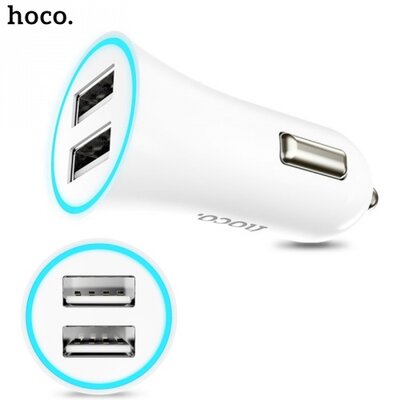 Hoco UC204 szivargyújtó töltő/autós töltő 2 x USB aljzat (5V / 2400mA, gyorstöltés támogatás, LED kijelző), fehér