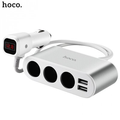 Hoco Z13 szivargyújtó adapter (elosztó) 2in1 (3x szivartöltő aljzat, 2x USB aljzat, 100W, 2100mA, LED kijelző), fehér