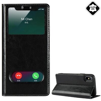 Telefontok álló, valódi bőr (flip, oldalra nyíló, asztali tartó funkció, Dual View Window) Fekete [Apple iPhone XS Max 6.5]
