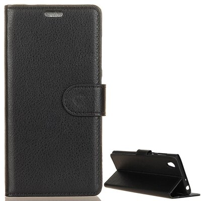 Telefontok álló, bőr hatású (flip, oldalra nyíló, asztali tartó funkció, bankkártya tartó) Fekete [Vodafone Smart E9 (VFD527), Alcatel 1 (OT-5033D)]