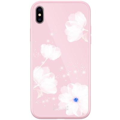 Nillkin Tempered Plaid hátlapvédő telefontok szilikon keret (BUMPER, edzett üveg hátlap, 2.5D, virágminta) Rózsaszín [Apple iPhone X 5.8, Apple iPhone XS 5.8]