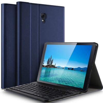 Tablet védőtok álló, bőr (FLIP, BLUETOOTH billentyűzet, asztali tartó, QWERTY, angol nyelvű), Sötétkék [Samsung Galaxy Tab A 10.5 LTE (2018) SM-T595, Samsung Galaxy Tab A 10.5 WIFI (2018) SM-T590]