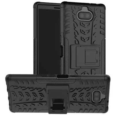 Defender műanyag hátlapvédő telefontok (közepesen ütésálló, gumi / szilikon belső, kitámasztó, autógumi minta) Fekete [Sony Xperia XA3 Ultra]
