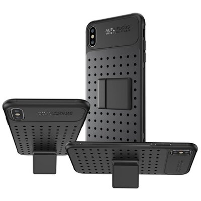 Műanyag hátlapvédő telefontok (szilikon keret, lyukacsos minta, levehető asztali tartó) Fekete [Apple iPhone X 5.8, Apple iPhone XS 5.8]
