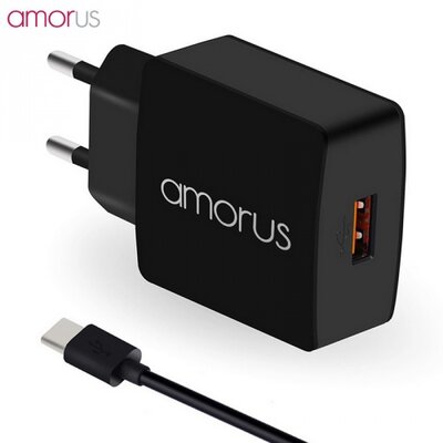 Amorus K6 hálózati töltő USB aljzat (5V / 3000mA, gyorstöltés támogatás, Type-C kábellel), fekete