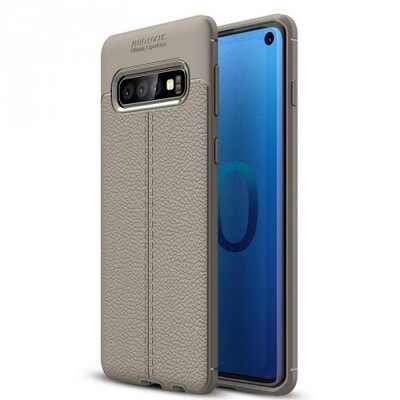 Hátlapvédő telefontok gumi / szilikon (közepesen ütésálló, bőrhatás, varrás minta) Szürke [Samsung Galaxy S10 (SM-G973)]