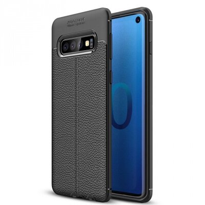Hátlapvédő telefontok gumi / szilikon (közepesen ütésálló, bőrhatás, varrás minta) Fekete [Samsung Galaxy S10 (SM-G973)]