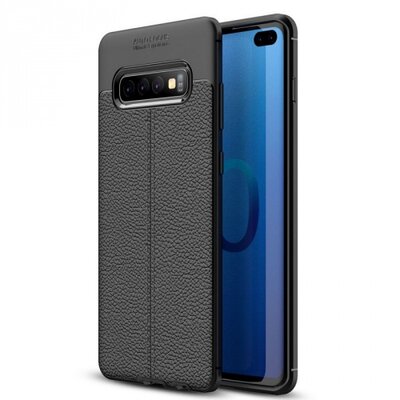 Hátlapvédő telefontok gumi / szilikon (közepesen ütésálló, bőrhatás, varrás minta) Fekete [Samsung Galaxy S10+ Plus (SM-G975)]