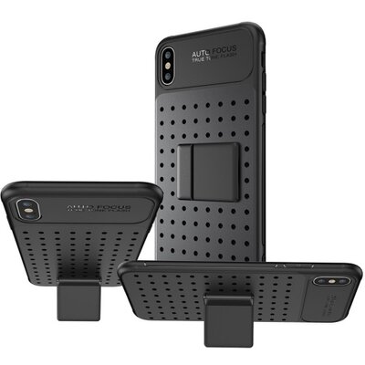 Műanyag hátlapvédő telefontok (szilikon keret, lyukacsos minta, levehető asztali tartó) Fekete [Apple iPhone XS Max 6.5]