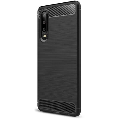 Hátlapvédő telefontok gumi / szilikon (közepesen ütésálló, légpárnás sarok, szálcsiszolt, karbonminta) Fekete [Huawei P30]