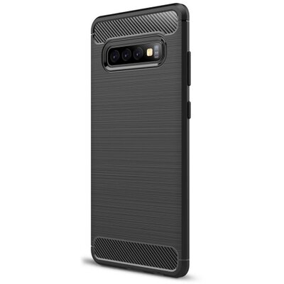 Hátlapvédő telefontok gumi / szilikon (közepesen ütésálló, légpárnás sarok, szálcsiszolt, karbonminta) Fekete [Samsung Galaxy S10+ Plus (SM-G975)]
