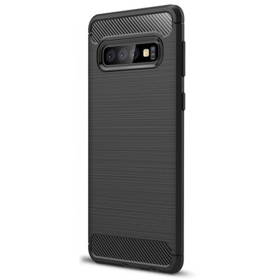 Hátlapvédő telefontok gumi / szilikon (közepesen ütésálló, légpárnás sarok, szálcsiszolt, karbonminta) Fekete [Samsung Galaxy S10 (SM-G973)]