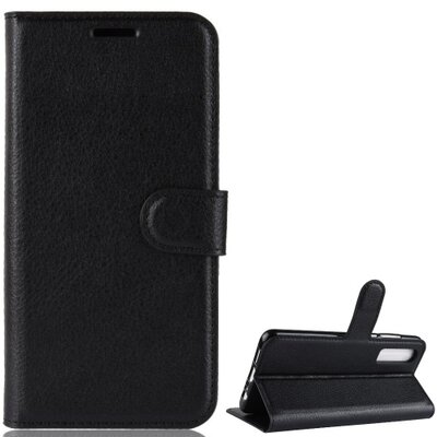 Telefontok álló, bőr hatású (flip, oldalra nyíló, asztali tartó funkció, prémium) Fekete [Huawei P30]