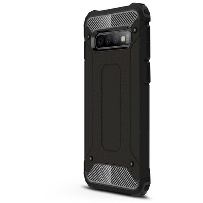 Defender műanyag hátlapvédő telefontok (közepesen ütésálló, légpárnás sarok, gumi / szilikon belső, fémhatás) Fekete [Samsung Galaxy S10 (SM-G973)]