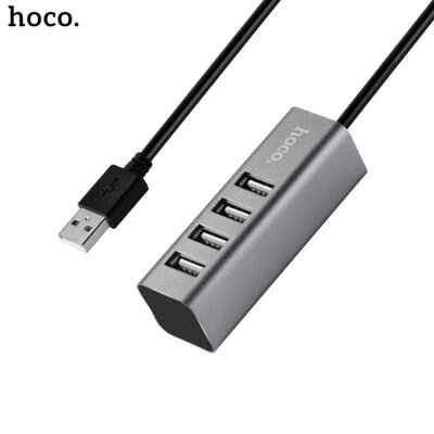 HOCO HB1 USB HUB (passzív, 4-es elosztó, USB 2.0, 80cm kábel), Szürke