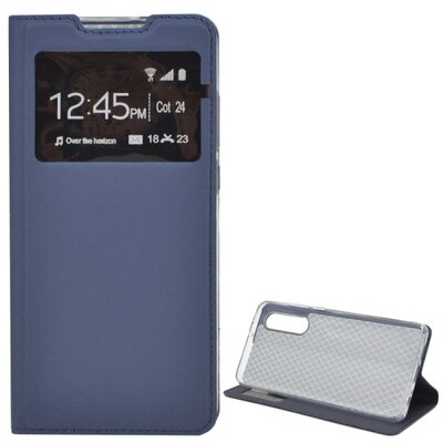 Telefontok álló, bőr hatású (flip, oldalra nyíló, asztali tartó funkció, S-View Cover) SötétKék [Huawei P30]