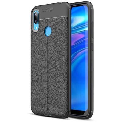Hátlapvédő telefontok gumi / szilikon (közepesen ütésálló, bőrhatás, varrás minta) Fekete [Huawei Y7 (2019)]