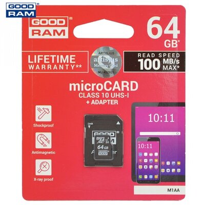 Goodram M1AA-0640R12 MEMÓRIAKÁRTYA TransFlash 64GB (microSDHC, Class 10, UHS-i 1, M1AA-0640R11 utódja) + SD adapter