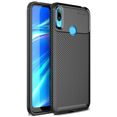 Hátlapvédő telefontok gumi / szilikon (közepesen ütésálló, légpárnás sarok, karbon minta) Fekete [Huawei Y7 (2019)]