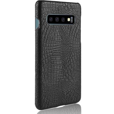 Műanyag hátlapvédő telefontok (bőrbevonat, krokodilbőr minta) Fekete [Samsung Galaxy S10 (SM-G973)]