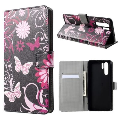 Telefontok álló, bőr hatású (flip, oldalra nyíló, asztali tartó funkció, pillangó, virágminta) Fekete [Huawei P30 Pro]