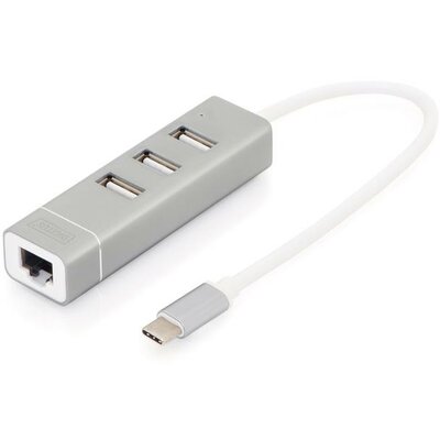 HUB 3-port USB 2.0 nagysebességű Typee C with Fast Ethernet LAN adapter, aluminium