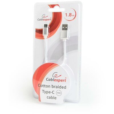 Gembird USB 2.0 kábel to type-C, cotton braided, metal connectors, 1.8m, silver