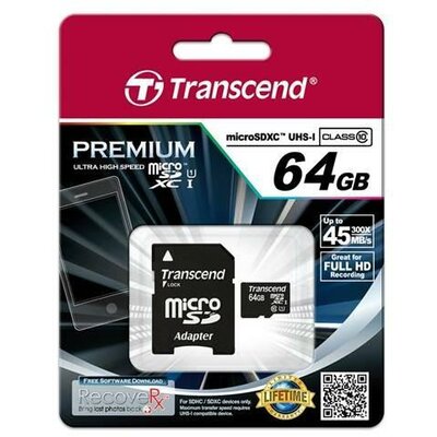 Transcend Micro SDXC 64GB Class 10 UHS-I +adapter SD memóriakártya
