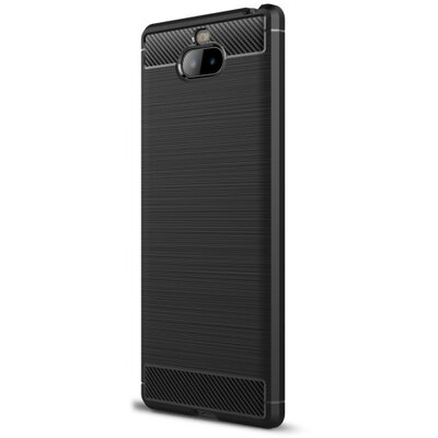 Hátlapvédő telefontok gumi / szilikon (közepesen ütésálló, légpárnás sarok, szálcsiszolt, karbonminta) Fekete [Sony Xperia 10+ Plus (L4213)]