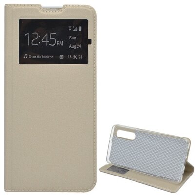 Telefontok álló, bőr hatású (flip, oldalra nyíló, asztali tartó funkció, S-View Cover) Arany [Huawei P30]