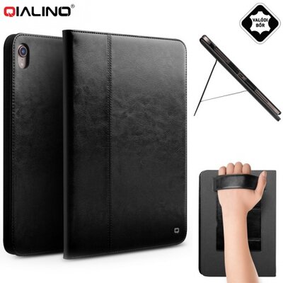 QIALINO tablet védőtok álló, valódi bőr (aktív flip, oldalra nyíló, asztali tartó funkció, kézpánt), Fekete [Apple IPAD Pro 12.9 (2018)]