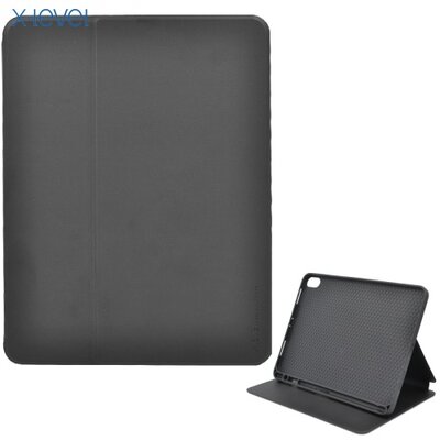 X-LEVEL Tablet védőtok álló, bőr (FLIP, oldalra nyíló, asztali tartó funkció, kamera védelem, Apple Pencil tartó), Fekete [Apple IPAD Pro 11 (2018)]