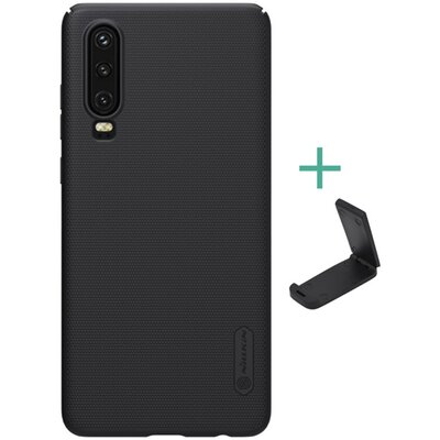 Nillkin Super Frosted műanyag hátlapvédő telefontok (gumírozott, érdes felület + asztali tartó) Fekete [Huawei P30]