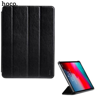 HOCO tablet védőtok álló, bőr (aktív flip, oldalra nyíló, TRIFOLD asztali tartó funkció), Fekete [Apple IPAD Pro 11 (2018)]