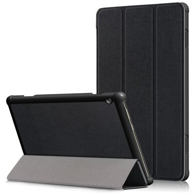 Tablet védőtok álló, bőr (FLIP, oldalra nyíló, TRIFOLD asztali tartó funkció), Fekete [Lenovo Tab M10 (TB-X605F), Lenovo Tab M10 HD (TB-X505F)]