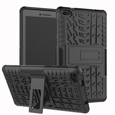 Defender műanyag Tablet védőtok (közepesen ütésálló, gumi / szilikon belső, kitámasztó, autógumi minta), Fekete [Lenovo Tab E7 (TB-7104F)]