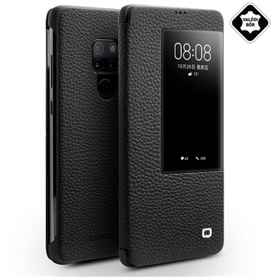 QIALINO Telefontok álló, valódi bőr (aktív flip, oldalra nyíló, View Window, érdes felületű) Fekete [Huawei Mate 20]