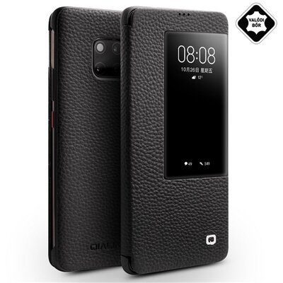 QIALINO Telefontok álló, valódi bőr (aktív flip, oldalra nyíló, View Window, érdes felületű) Fekete [Huawei Mate 20 Pro]