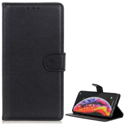 Telefontok álló, bőr hatású (flip, oldalra nyíló, asztali tartó funkció, prémium) Fekete [Samsung Galaxy A40 (SM-405F)]