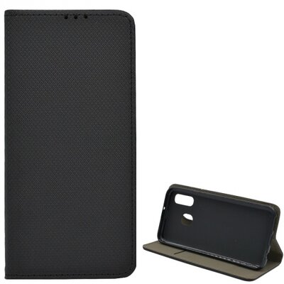 Telefontok álló, bőr hatású (flip, oldalra nyíló, asztali tartó funkció, rombuszminta) Fekete [Samsung Galaxy A40 (SM-405F)]