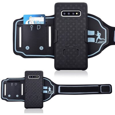 Műanyag hátlapvédő telefontok (karpánt, sportoláshoz, kitámasztó) Fekete [Samsung Galaxy S10 (SM-G973)]