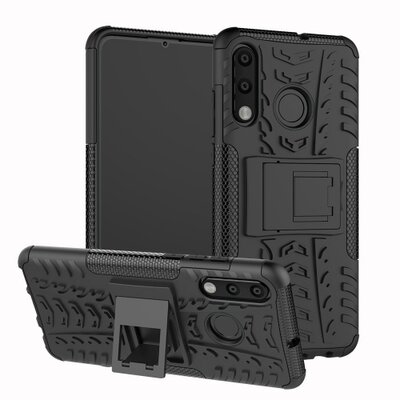 Defender műanyag hátlapvédő telefontok (közepesen ütésálló, gumi / szilikon belső, kitámasztó, autógumi minta) Fekete [Huawei P30 Lite]