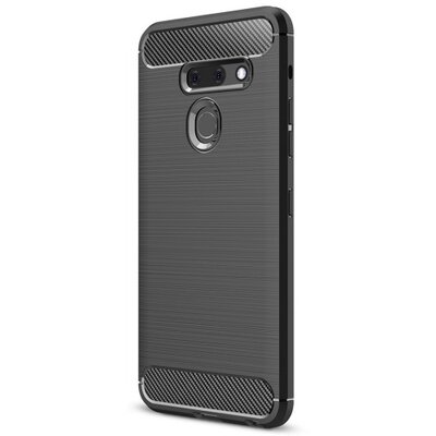 Hátlapvédő telefontok gumi / szilikon (közepesen ütésálló, légpárnás sarok, szálcsiszolt, karbonminta) Fekete [LG G8 ThinQ (G820Q)]
